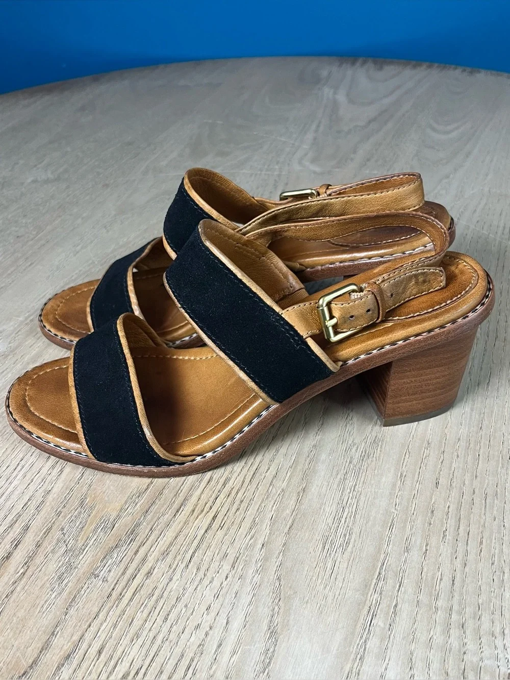Frye Women’s Black Tan Two-Band Block Heel Slingback Leather Sandals Size 7.5